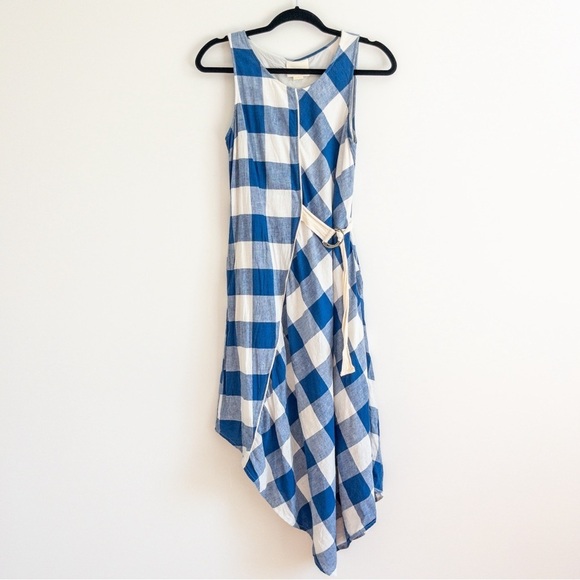 Maeve Anthropologie Cotton and Linen Asymmetrical Belted Gingham Midi Dress - Picture 3 of 15